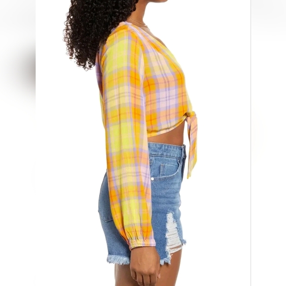 BP Plaid Long Sleeve Crop Tie-Front Blouse - Picture 2 of 9